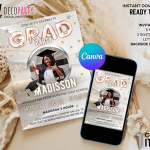 Graduation Luxury White Party Invite with Picture, Class of 2024 Grad Invitation, GOLD and WHITE Grad 2024, Prom 2024