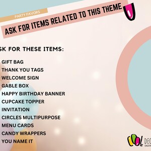 Puede incluir: Una lista de verificaci&oacute;n imprimible rosa y blanca con el texto "Party Favors" y "Ask for items related to this theme". La lista incluye una lista de art&iacute;culos de favor de fiesta como "Gift Bag", "Thank You Tags", "Welcome Sign", "Gable Box", "Happy Birthday Banner", "Cupcake Topper", "Invitation", "Circles Multipurpose", "Menu Cards", "Candy Wrappers" y "You Name It".