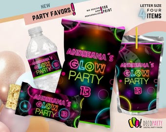 Glow Party Bundle, Custom Glow Birthday Party Decor, Glow Party chip bag, Glow party capri sun and Water label, Glow Party wrapper