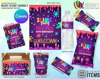 May include: Printable party favor labels for a slime-themed birthday party. The labels feature a purple background with colorful slime drips, stars, and the text "Slime Party Kai Kai 10th Birthday". The labels are designed for a variety of party favors, including gable boxes, juice pouches, Hershey's bars, chip bags, rice krispies, and water bottles.