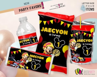 Pacote editável de lembrancinhas do Mickey, decoração para festa do Mickey Roadster Racer, garrafa de água com saco de salgadinhos e papel de bala. Primeiro, chá de bebê.