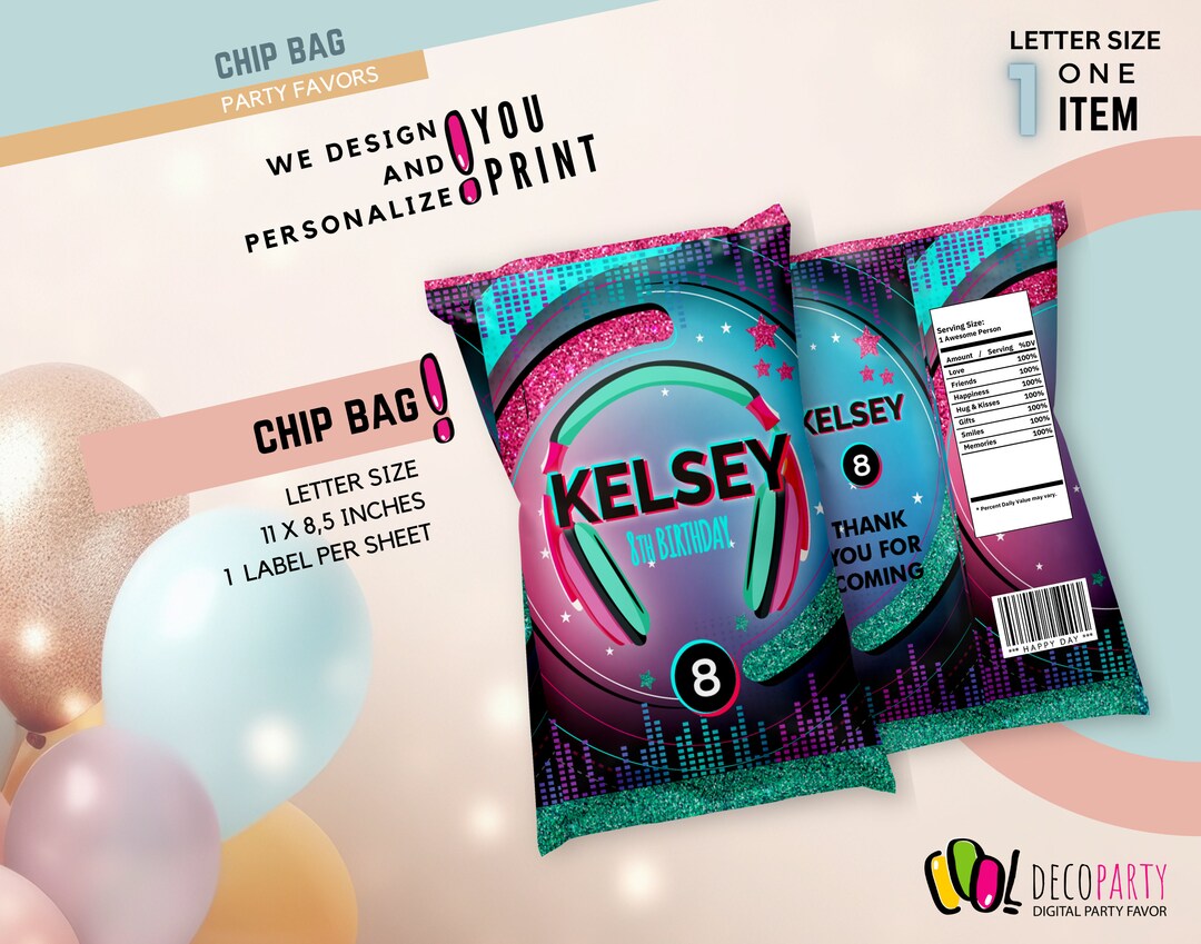 Music Party Chip Bag, Chip bag printable decoration, musical birthday party favors decoration Music Party Chip Bag, Chip bag printable decoration, musical birthday party favors decoration