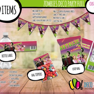 May include: Printable party supplies for a Zombies themed birthday party. The set includes a welcome poster, invitation, happy birthday banner, water bottle labels, labels for disposable cups, greeting tags, multi-purpose rounded labels, a chip bag, bottle label, and bag toppers. The party supplies feature a green and pink colour scheme with a picture of the Zombies cast.