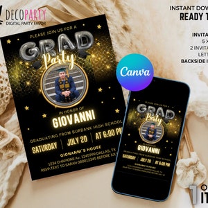Grad Party Invite Editable Black and Gold with or without Picture, Graduation Party Editable Invite
