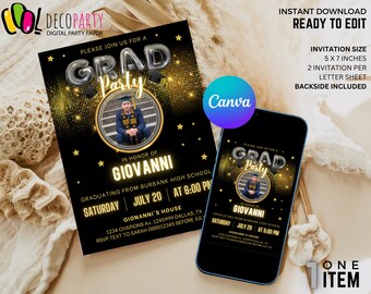 May include: A black and gold graduation party invitation with a photo of a graduate in a cap and gown. The invitation says "Please join us for a Grad Party" and includes the graduate's name, the date and time of the party, and the location. The invitation is 5 x 7 inches and is ready to edit.