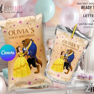 Canva La Belle et la bête Cadeaux de fête modifiables, sac à chips et pochette de jus, pack de décoration de fête DIY