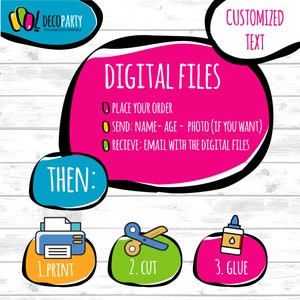May include: A pink speech bubble with the text "DIGITAL FILES" and instructions on how to place an order and receive digital files. Below the speech bubble are three colorful circles with icons representing the steps to print, cut, and glue.