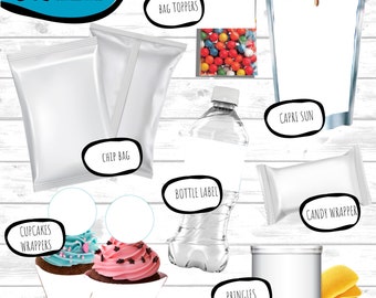 Bestellingen op maat met alle thema's, gepersonaliseerde feestartikelen, ontwerpen op maat, snoepverpakkingen, chipszakjes, waterflessen, thema's/personages naar keuze.