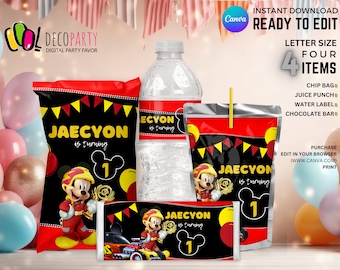 Mickey Party Favors Editable Pack, Mickey Roadster Racer Party Decoration, Juice, Chip Bag Water Bottle and Candy Wrapper