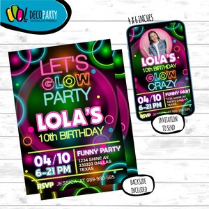 glow party invitation, neon glow in the dark party boy and girls teen birthday invitation, rainbow stars space invitation, 4x6 & 5x7