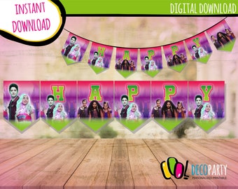 May include: A printable banner with the word "HAPPY" in green letters on a purple background. The banner features characters from the Disney movie "Zombies 2".