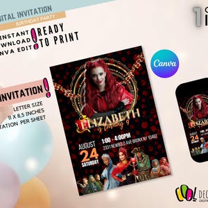 May include: A digital birthday party invitation featuring a girl in a red dress with a crown and gold chain. The invitation is decorated with red roses and gold accents. The text on the invitation reads "Elizabeth is turning 9" and includes the date, time, and location of the party.