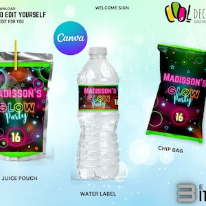 Glow Party Decoration Bundle Editable, Lets glow party. Neon Birthday Party favors 3 digital items