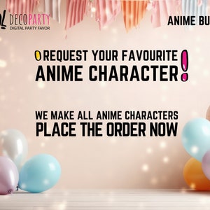 Op de afbeelding: Een digitale feestgeschenkenreclame met de tekst "REQUEST YOUR FAVORITE ANIME CHARACTER!" en "WE MAKE ALL ANIME CHARACTERS PLACE THE ORDER NOW". De afbeelding toont kleurrijke ballonnen en een roze achtergrond.