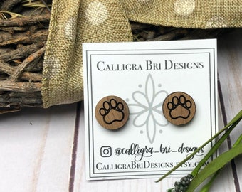Paw Print Stud Earrings laser cut wood Custom Personalized Dog Earring Dog mom Doggy Daddy Wooden