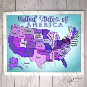 DRUCKBARE — PURPLE Vereinigte Staaten von Amerika Karte — Schule Zeichen Lehrer Schüler Brett Junge Mädchen Homeschool Dekoration Wand Poster virtueller Raum