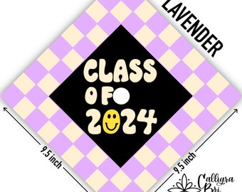 Retro Class of 2024- Checkered- Smiley Face-Funky Grad Cap Topper- Graduation gift- Tassel- custom grad quote- grad cap decoration accessory