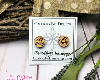 Cat Lady Stud Earrings laser cut wood Custom Personalized Kitty Kitten Earring Cat mom Wooden Simple Minimalist