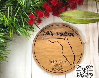Missionary Mission ornament Decoration Unique Custom Gift Keepsake Christmas tree Christmas Laser cut Wooden Handlettered Personalized Tag