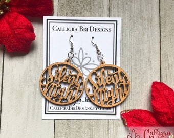 Silent Night Christmas Holiday Ornament Dangling Earrings Gift laser cut Engraved wood Custom unique Dangle Drop Earring Wooden Rustic