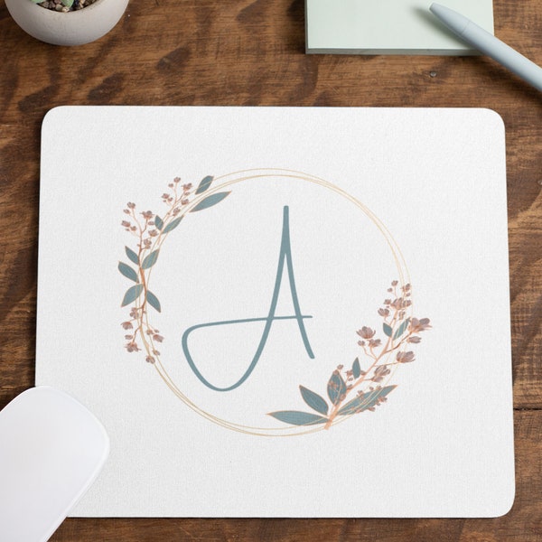 Custom Monogram Alphabet Letter Flower Wreath Office Desk Mouse Pad Cute Monogram Mousepad Personalized Desk Decor Floral Desk Accessories