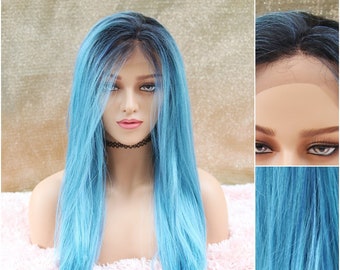 Long Blue Straight Lace Front Wig, Heat Resistant Wig, Long Ombre Deep Roots