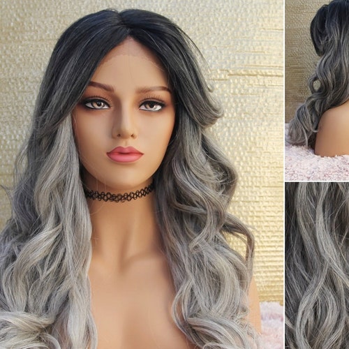 Long Gray Lace Front Wig Black Roots Ombre to Silver/gray - Etsy Long Gray Lace Front Wig Black Roots Ombre to Silver/gray - Etsy