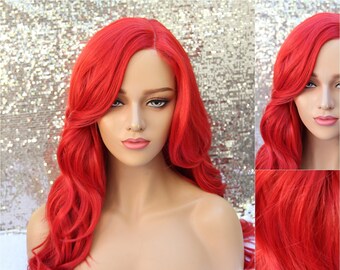 Bright Red Wig, Lace Part, Pre-cut, Voluminous Curls, Red Wig, Wig, Cherry Red