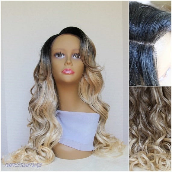 Long Ombre Lace Front Wig Dark Roots Heat Safe Wavy Curly Etsy