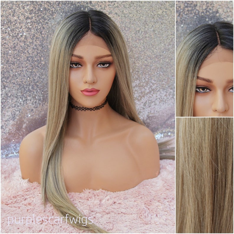 Sandy Blond Lace Front Wig Long Straight Middle Part Ombre Etsy