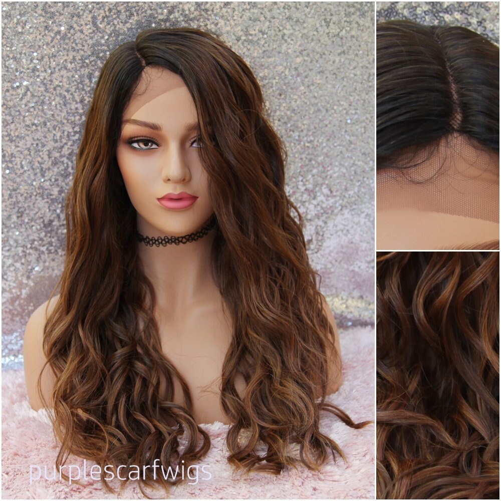 Long Brown Dark Roots Lace Front Wig, Baby Hairs, Natural Part, Heat …