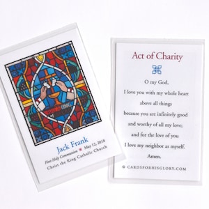 Set of 8, Custom First Communion, 1st Communion, Holy Cards, Laminated, Catholic, Keepsake, Favor, Momento, Breaking Bread, Stained Glass