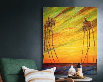 Large Acrylic Painting Original on Canvas, Salvador Dalí Tribute. Modern Painting, Acrylic Surrealist Wall Art - The Elephants of Dalí