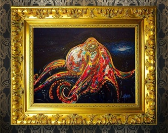 Octopus Painting Original on Canvas, Modern Painting Style, Acrylic Painting Spontaneous Realism Style, "Octopus Mind". Fine Art Collectible