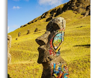 Moai - Peace and Love Graffiti at Rano Raraku, Easter Island. Photography Kodak paper print. Perfect Gift