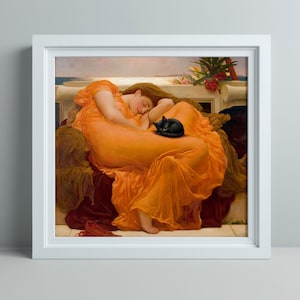 May include: A painting of a woman in a flowing orange robe sleeping with a black cat on a couch.