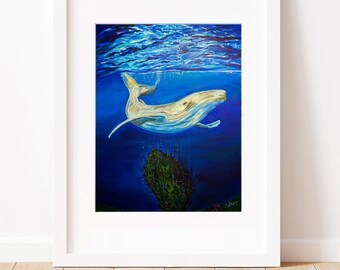 Impression d'art baleine à bosse, papier beaux-arts, décoration océan