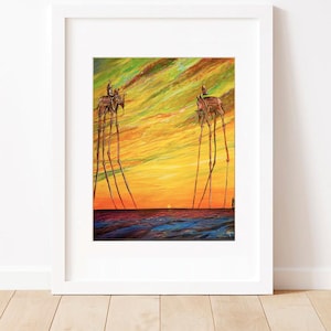 May include: A painting of two elephants with long legs walking on the water. The elephants are facing each other and have riders on their backs. The sky is a vibrant yellow and orange with a sunset in the background.