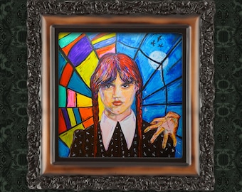 Bring Wednesday Adams to Life with Our Stunning Acrylic on Canvas Portrait 12" x 12" Inches Original Painting