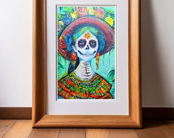 Vibrant Mexican Catrina, Dia de Los Muertos Acrylic Painting - A Symbolic Rebirth of Beauty. Fine Art Paper Print