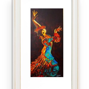 May include: A framed painting of a woman in a colorful dress dancing. The woman is in a dynamic pose with her arms outstretched. The background is dark and the painting is done in a vibrant style.