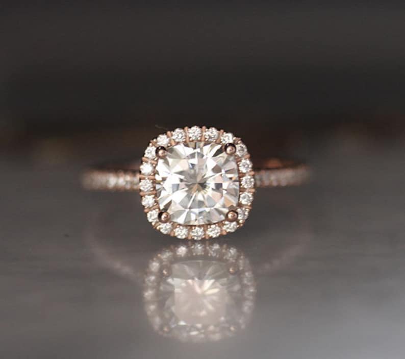 Forever Classic Moissanite Ring Charles and Colvard Moissanite Bridal Ring 7mm Cushion Moissanite /& Diamond Simulant Engagement Ring