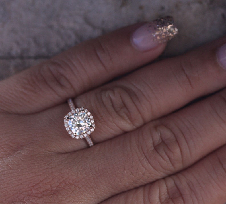Forever Classic Moissanite Ring Charles and Colvard Moissanite Bridal Ring 7mm Cushion Moissanite /& Diamond Simulant Engagement Ring
