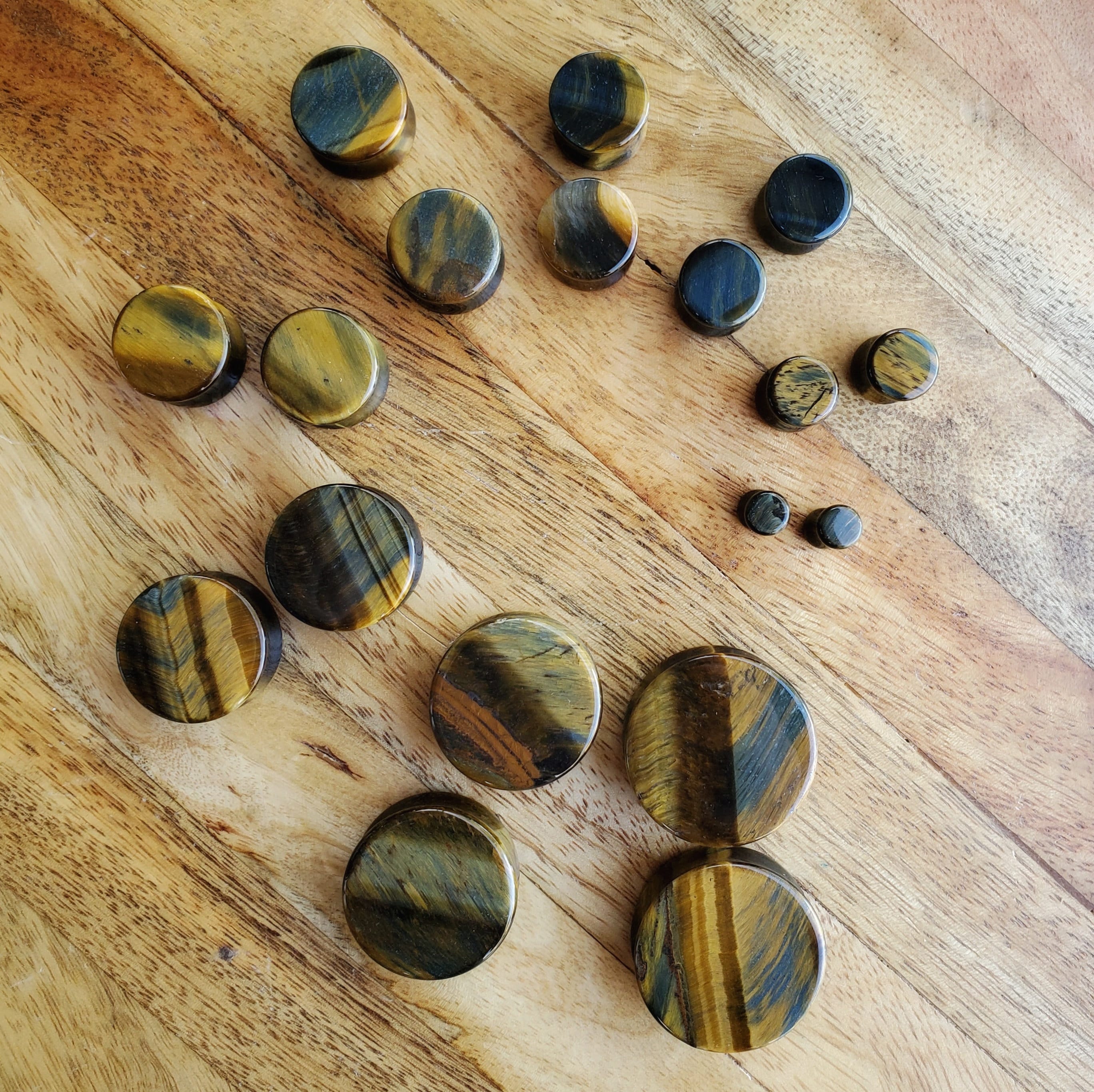 Blue/Gold Tigers Eye (hawk's eye) plugs, PAIR of double flared st…
