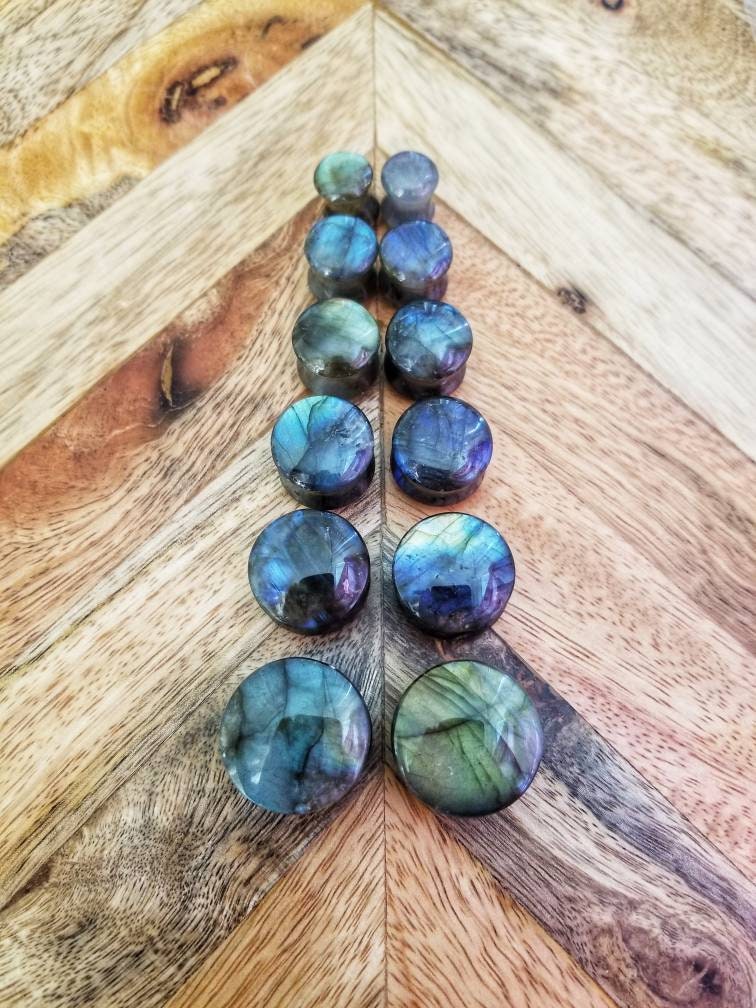 Labradorite plugs, PAIR of double flared labradorite stone plugs, 2g,…