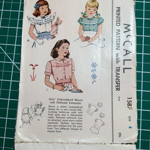 1950er Jahre Vintage Mc Call 1587 Größe 4 Mädchen Bluse bestickt
