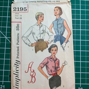 1950s Simplicity 2195 pattern in size 14 bust 34 for a blouse
