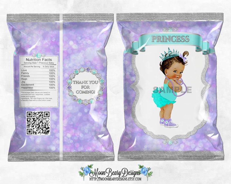 Lavender /& Turquoise Printable Chip Bags Princess Glitter Diamonds Digital Instant Download Medium Skin Tone Vintage Baby Girl