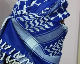 Blue and White Palestine Keffiyeh Kufiya Scarf (48*48)- Free Palestine Traditional Shemagh with Tassels Arafat Hatta Arab Style Headscarf