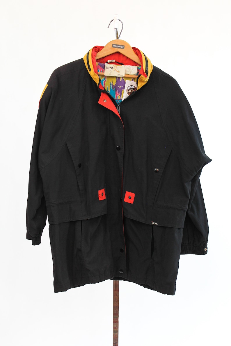 VNTG 90s Black Jacket with yellow and red accents Manteau vintage noir ann\u00e9es 90